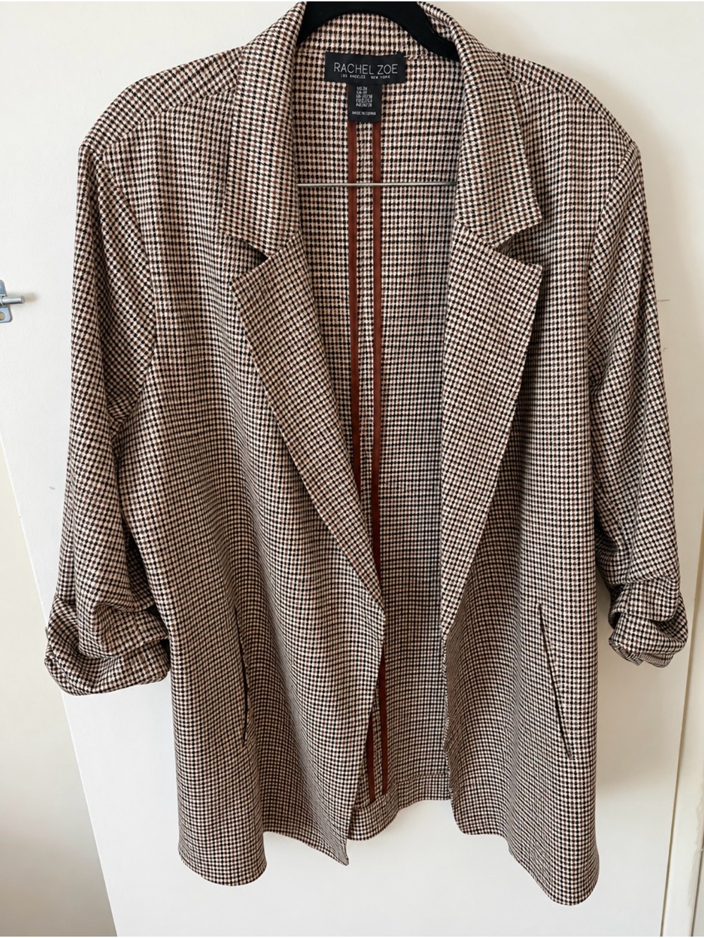 Rachel Zoe Taupe & Black Houndstooth Open-Front Blazer